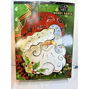 Vtg Clay Art Ceramic Merry Santa Divided 3-Section Chip & Dip Christmas Patter